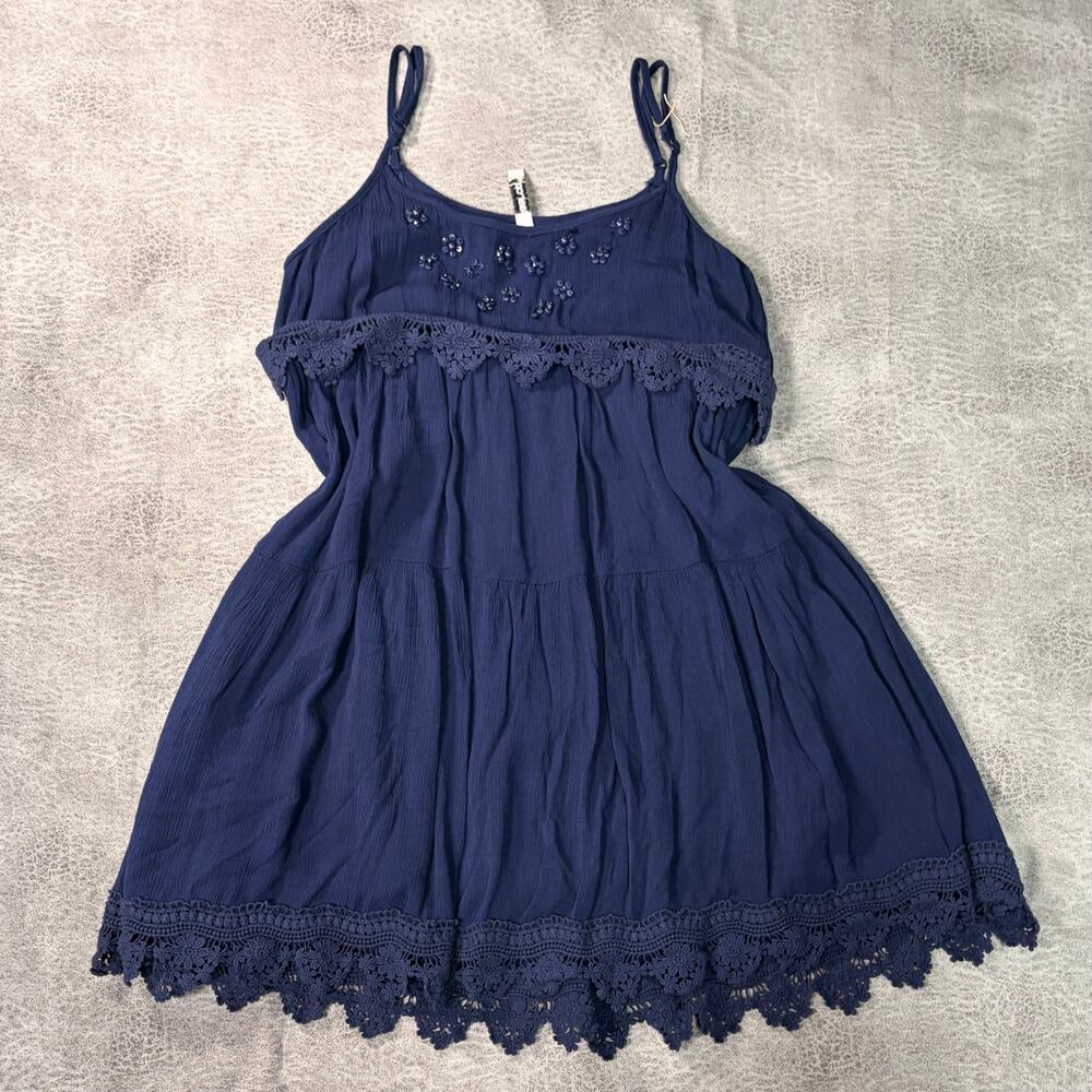 Blue Embellished Crochet Trim Mini Dress